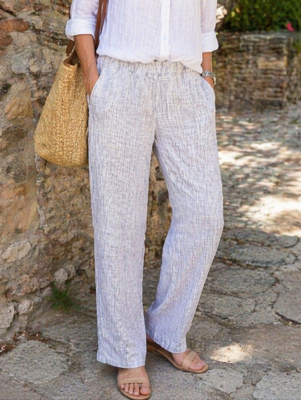 J.Jill Crinkle Cotton Pinstripe Pants Medium Tall Straight Leg Elastic Waist